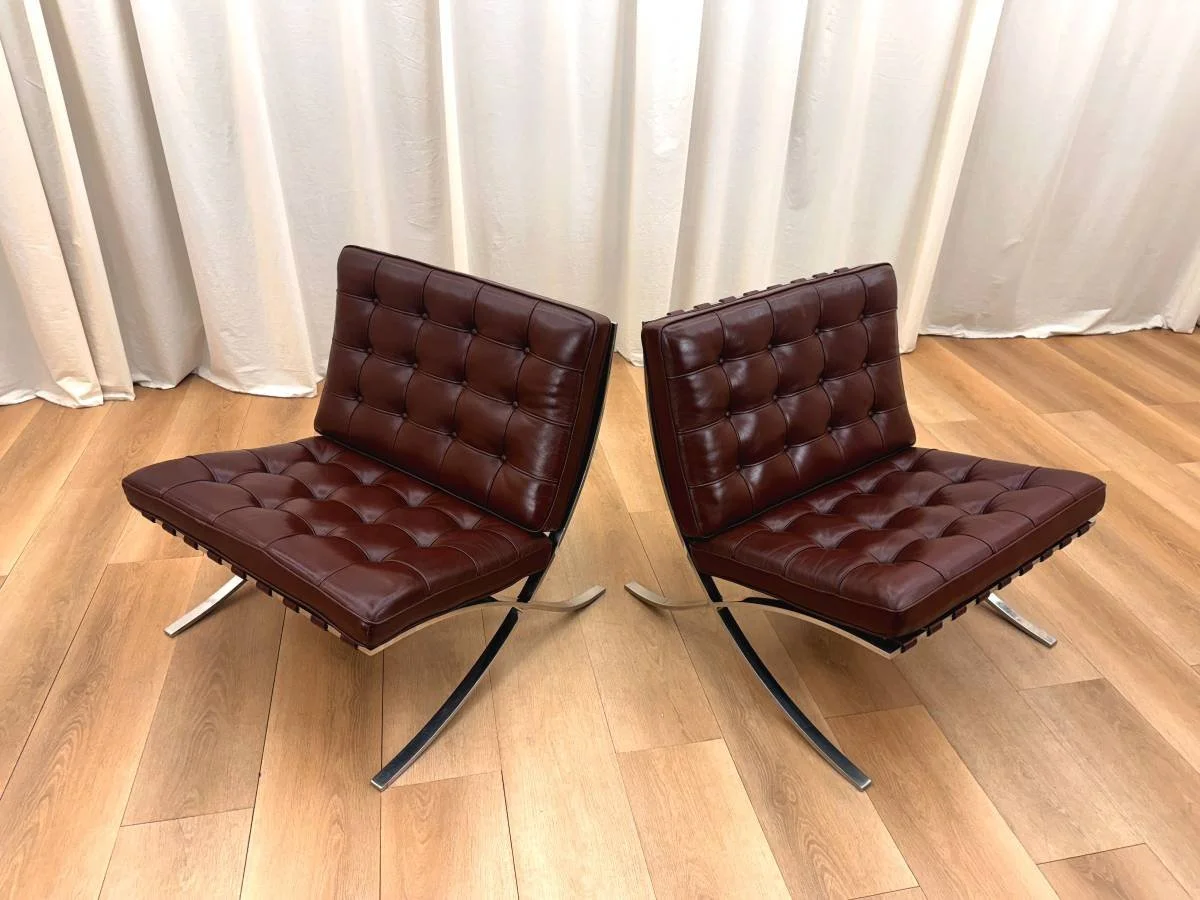 Knoll Barcelona Leather Lounge Chairs by Mies van der Rohe Pair