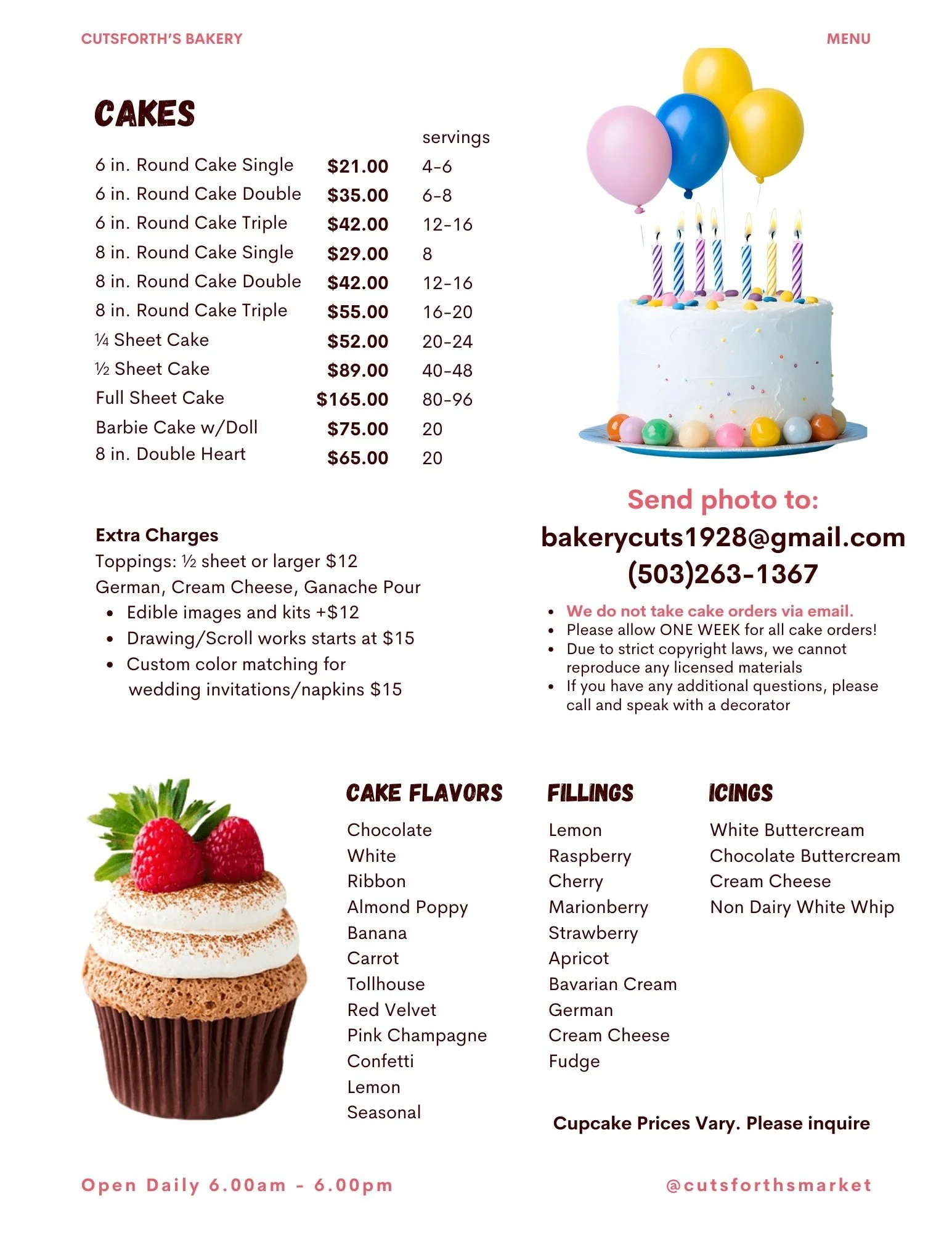 Bakery menu featuring cake sizes, types, and prices with contact information for ordering.
