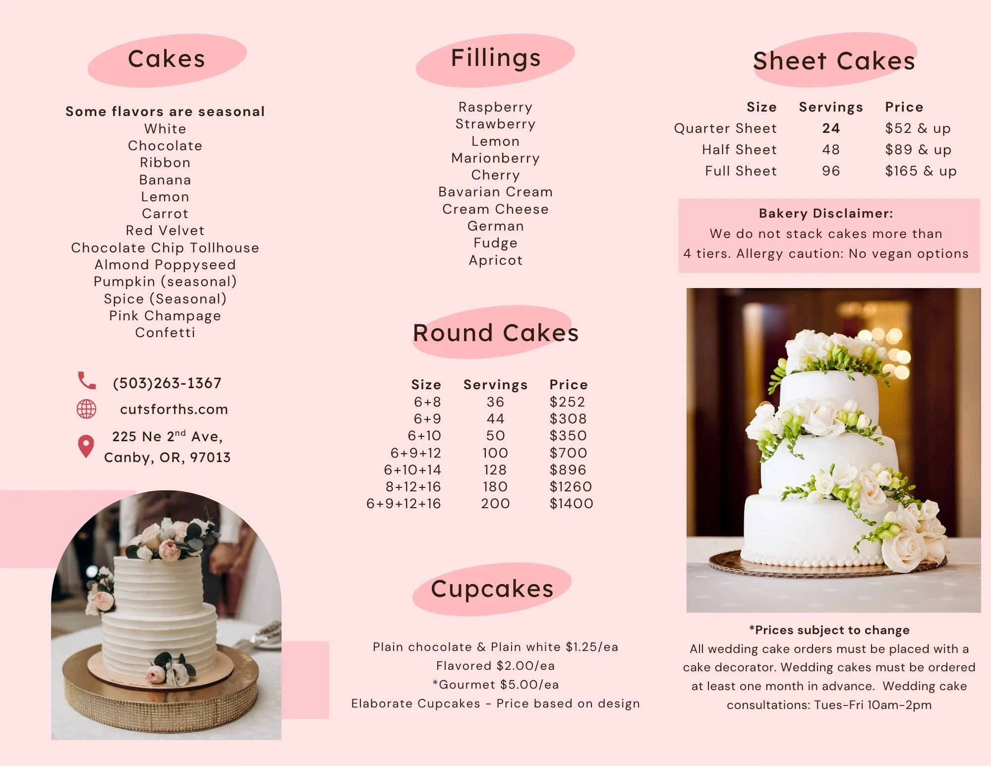 Bakery menu listing different types of cake flavors, fillings, and sizes as well as cupcake flavors.