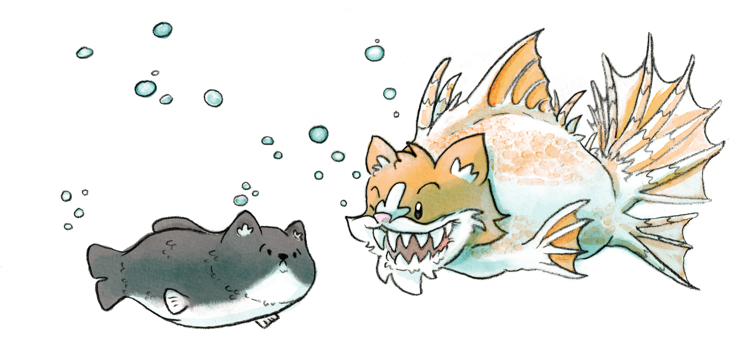 A cartoon-style illustration of a small, dark gray pufferfish with a round body and a cute expression, facing a large, orange, and cream-colored fish with sharp teeth and a fierce, aggressive expression. The large fish has spiky fins and is depicted as a predator threatening the smaller fish.