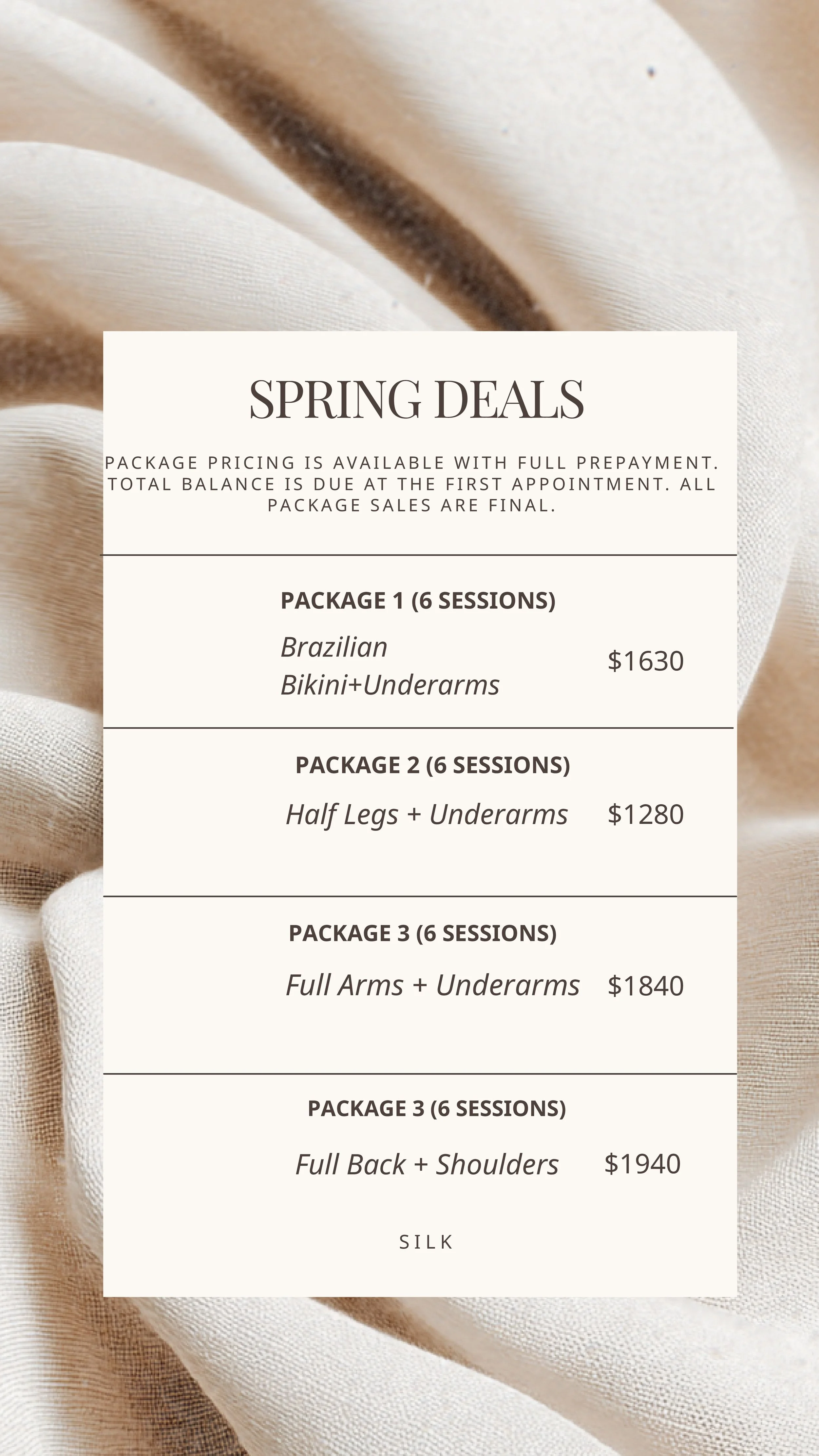 A promotional flyer for spring deals on beauty packages with various sessions and prices, over a beige fabric background.