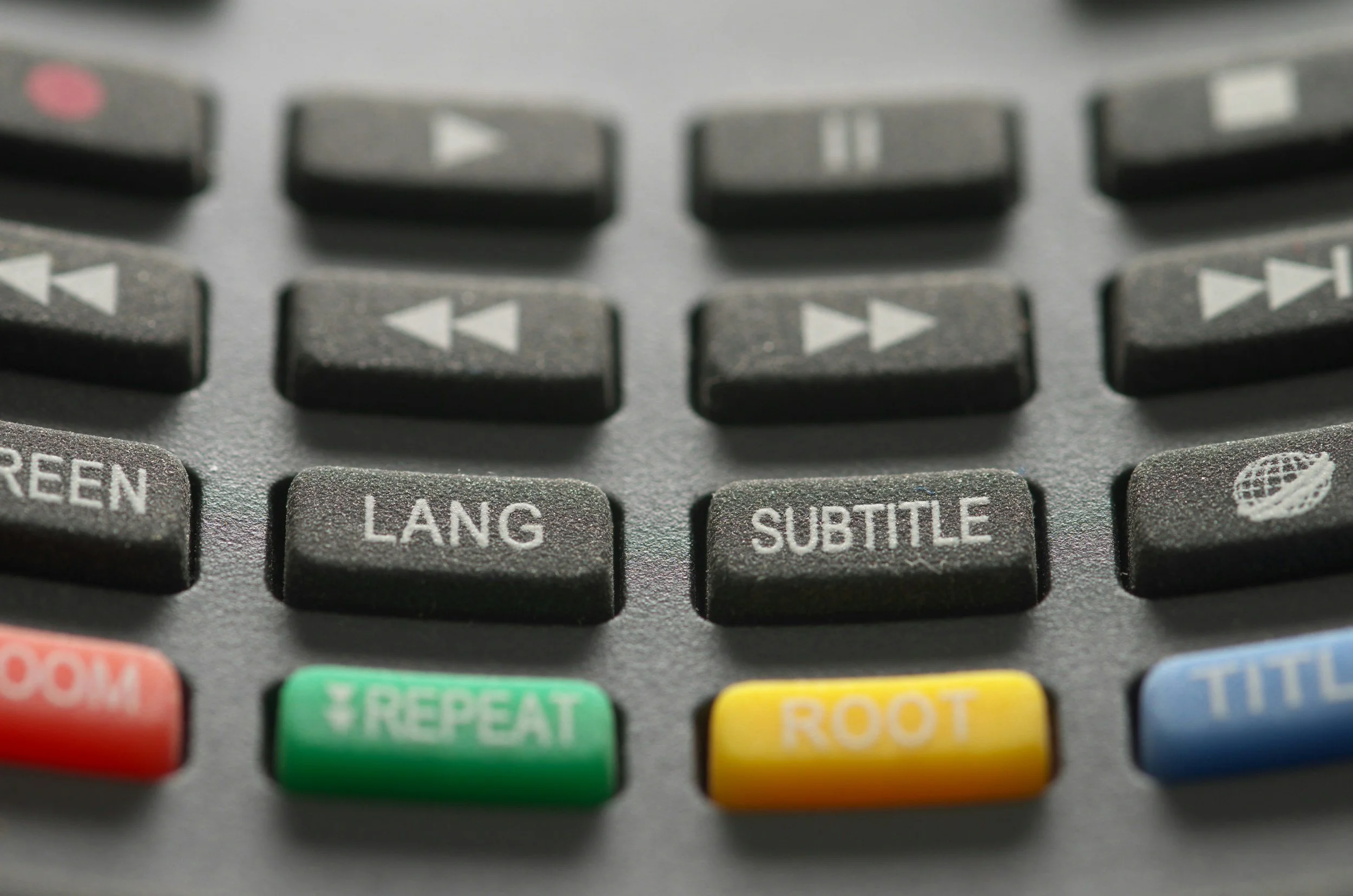 Close-up of black remote control buttons including 'LANG' and 'SUBTITLE', with other colorful buttons nearby.
