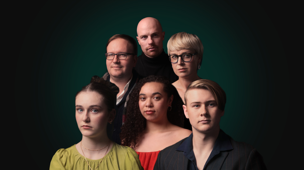 Six diverse young adults posing together for a portrait against a dark green background.