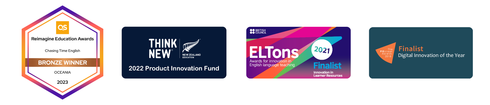 A digital graphic displays four award logos for educational and innovation recognitions: Reimagine Education Awards bronze winner badge, THINK NEW New Zealand Education 2022 Product Innovation Fund, ELTons 2021 finalist for innovation in learner resources, and Pioneers Finalist for digital innovation of the year.