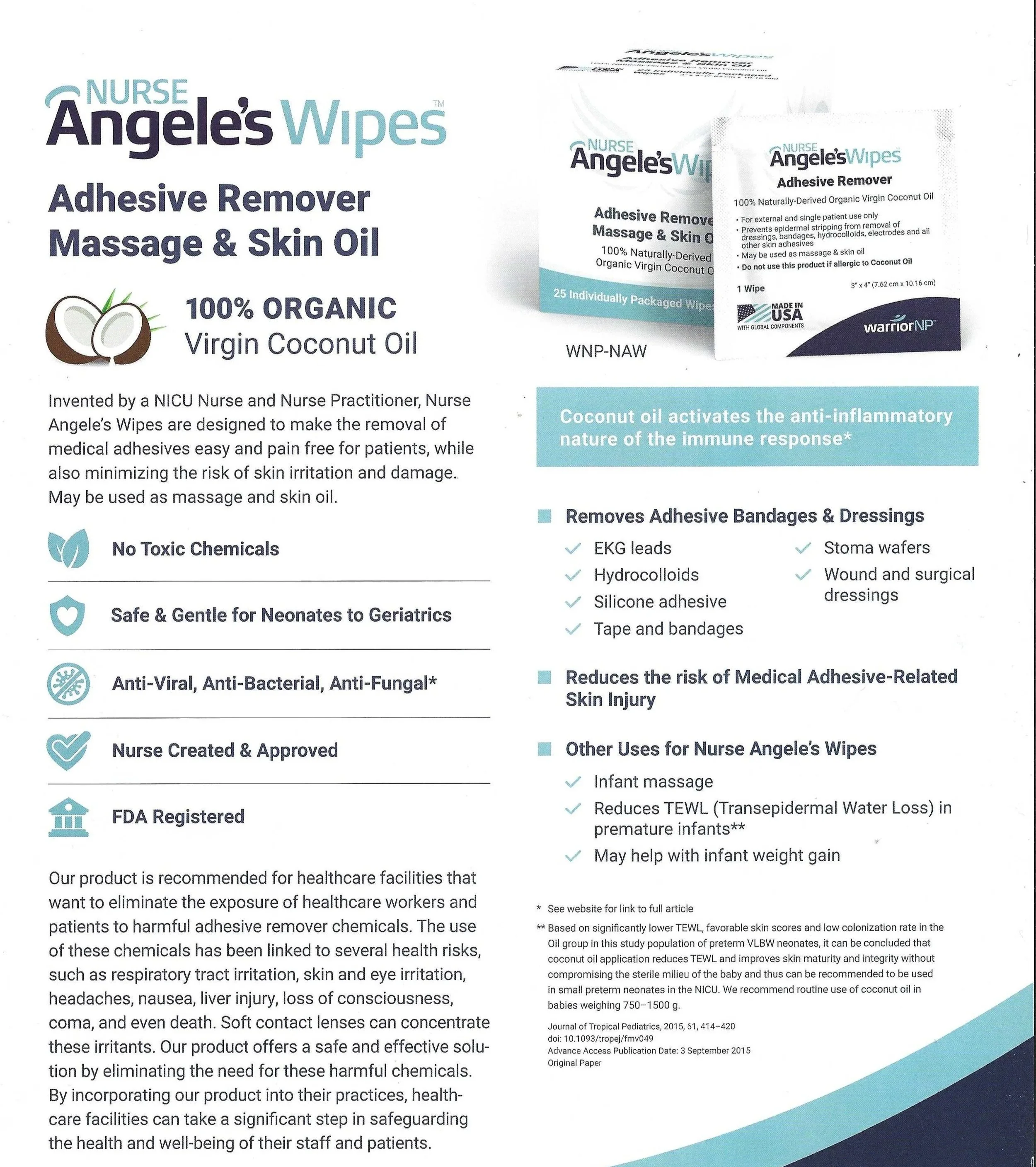 Photo of a product label for Angèle's Wipes, a brand of adhesive remover, massage and skin oil made with 100% organic virgin coconut oil, designed for healthcare facilities to remove medical adhesives safely.