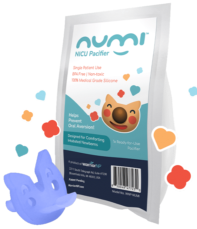 Packaging for Numi NICU Pacifier with cartoon illustration of a smiling baby face and colorful heart and flower shapes around it.