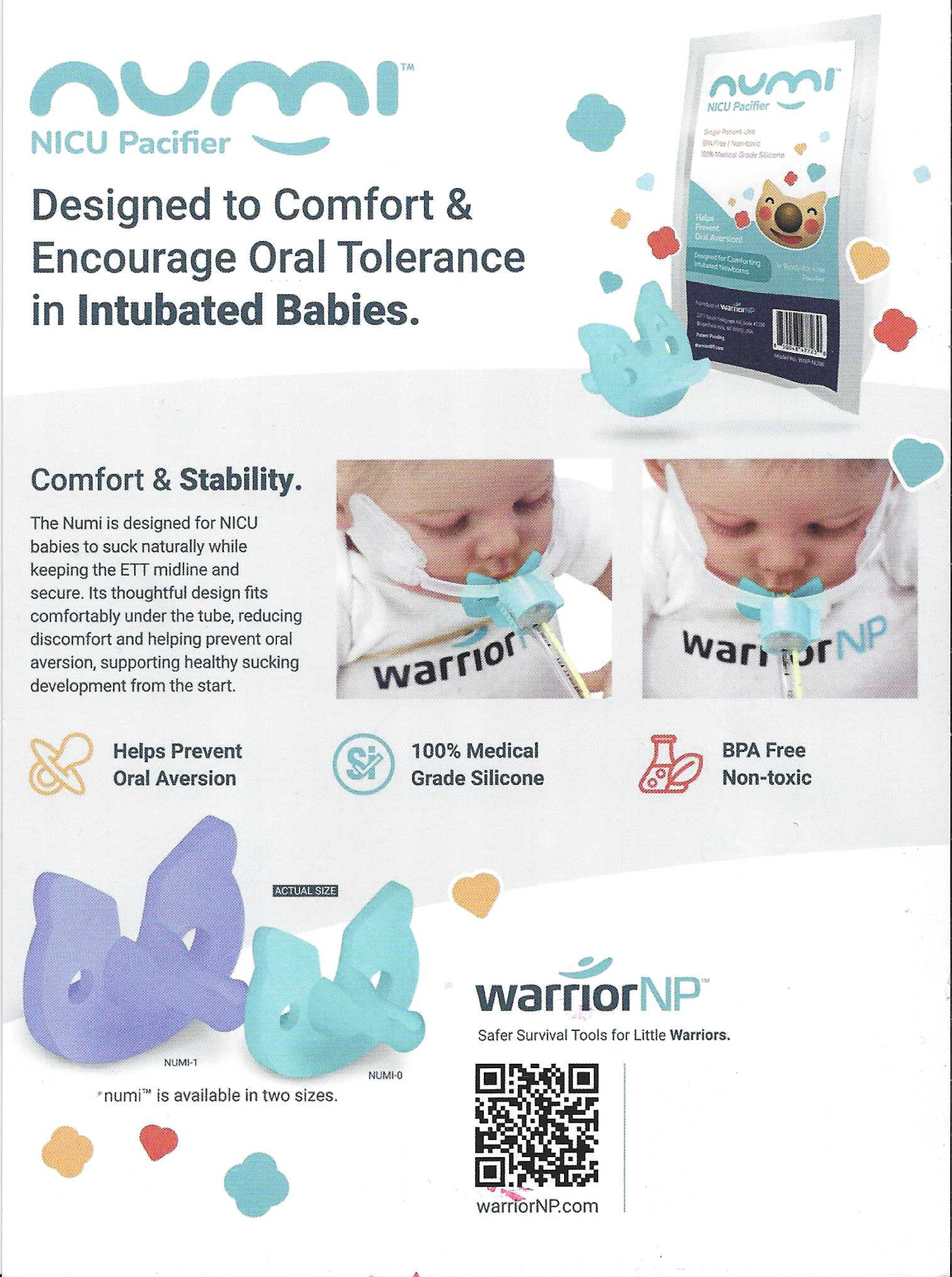 Advertisement for warriorNP, a silicone pacifier designed for NICU babies to promote oral tolerance and comfort. Includes images of young children using the pacifier and colorful graphics, with details on product features such as helping prevent oral aversion and being BPA free.