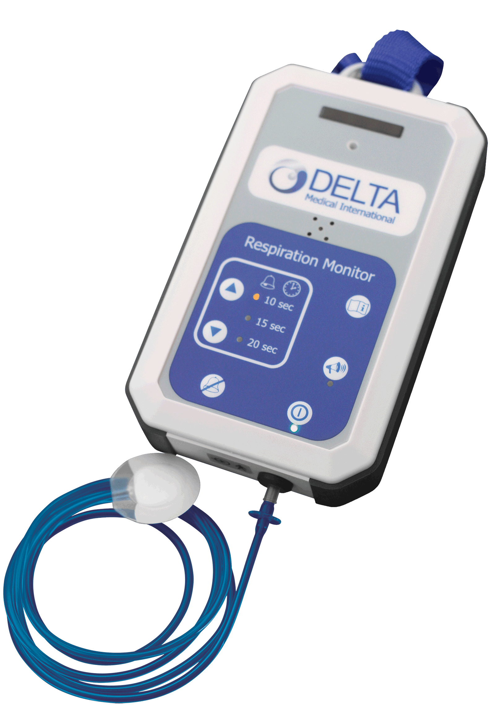 A portable respiration monitor with a blue cord and a snout-shaped sensor, branded with Delta Medical International logo.