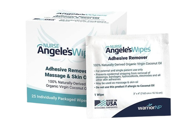 Box of Nurse Angele's Wipes Adhesive Remover and a single packaged wipe in front of the box.