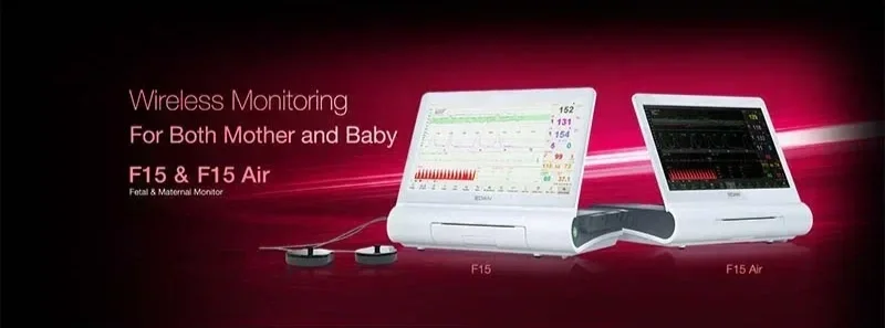 Two fetal and maternal monitors, F15 and F15 Air, displayed on a pink background with text indicating wireless monitoring for both mother and baby.