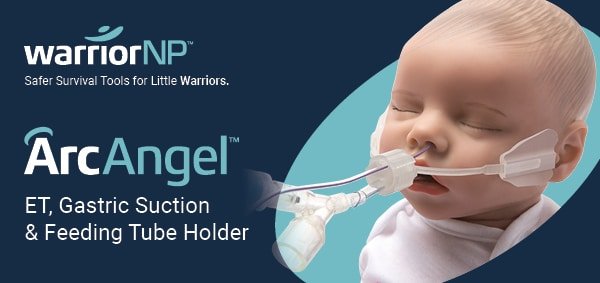 A promotional graphic for WarriorNP and ArcAngel medical tools showing a sleeping baby with a nasal tube.