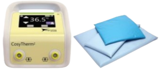 A CosyTherm thermometer displaying a temperature of 36.5°C, next to a blue heating pad on a white surface.