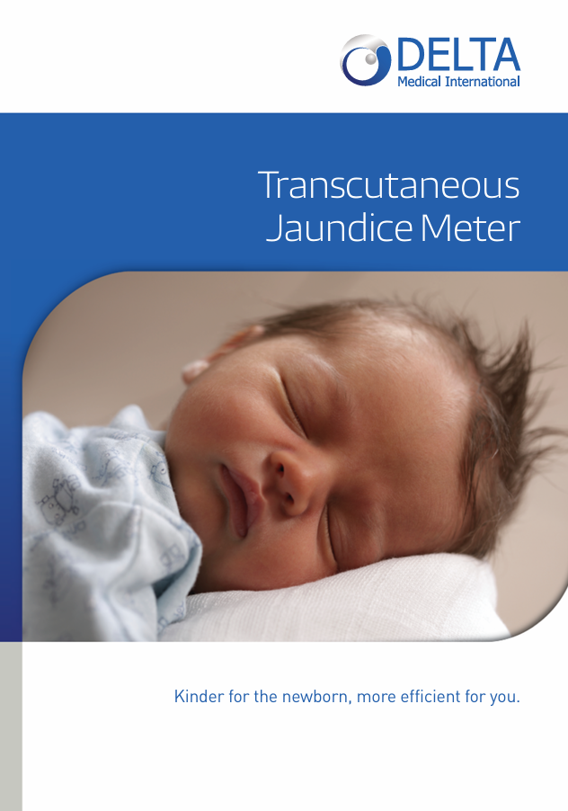 Cover page of a medical brochure titled 'Transcutaneous Jaundice Meter' showing a baby sleeping and a logo for Delta Medical International.