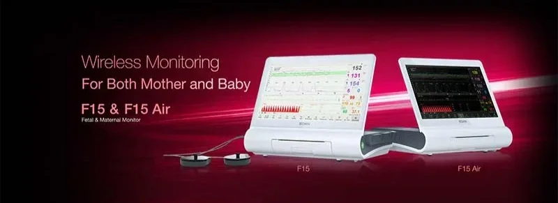 Advertisement displaying wireless fetal and maternal monitors for mother and baby, specifically the models F15 and F15 Air, with images of the monitors showing fetal heart rate and maternal vitals.