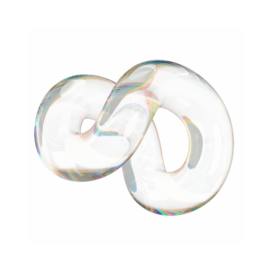 A transparent, iridescent, twisted glass sculpture set against a gray background.