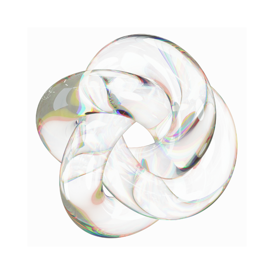 Abstract 3D glass sculpture with iridescent colors on a gray background.
