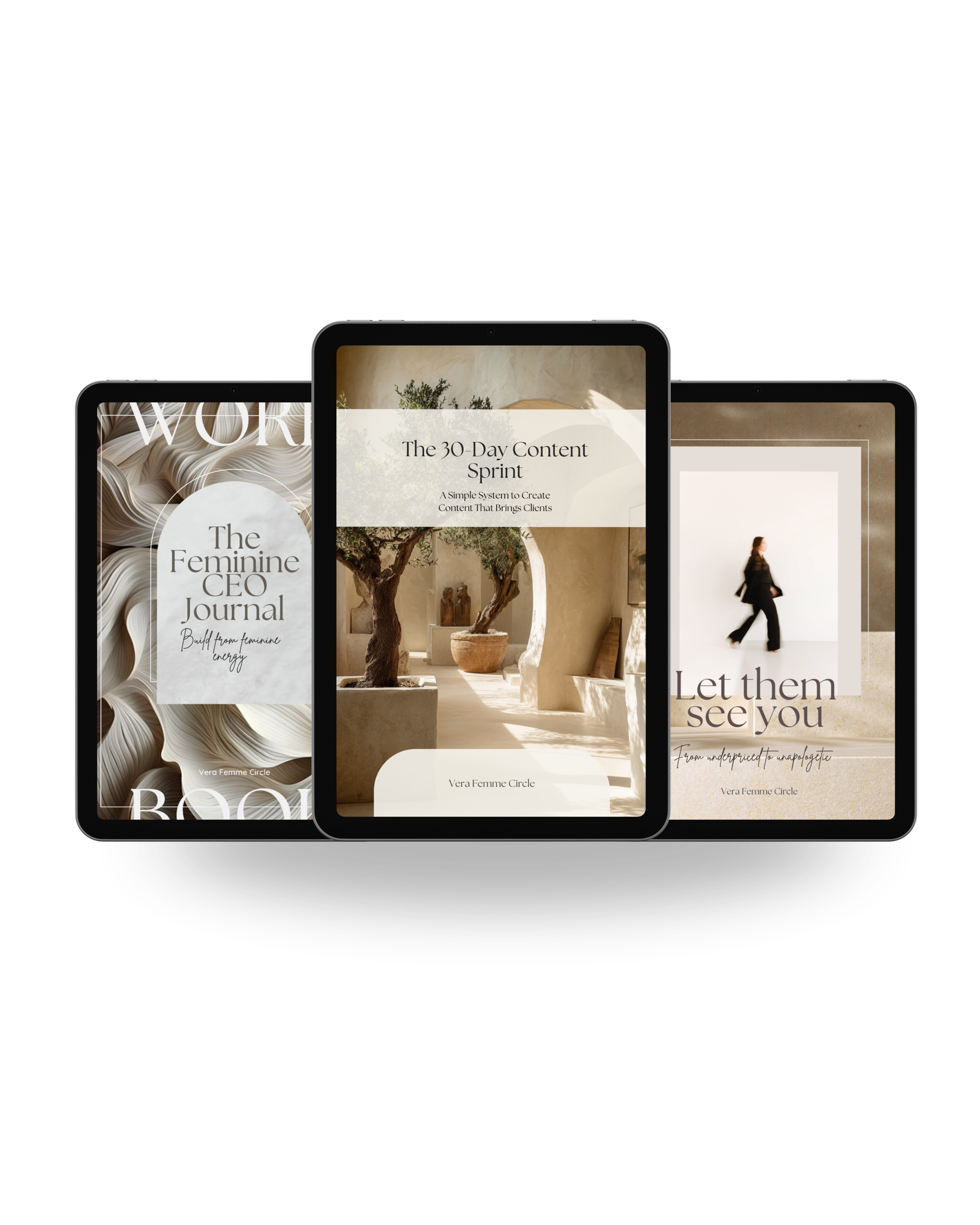 Three digital tablets displaying different book covers, with a dark background.