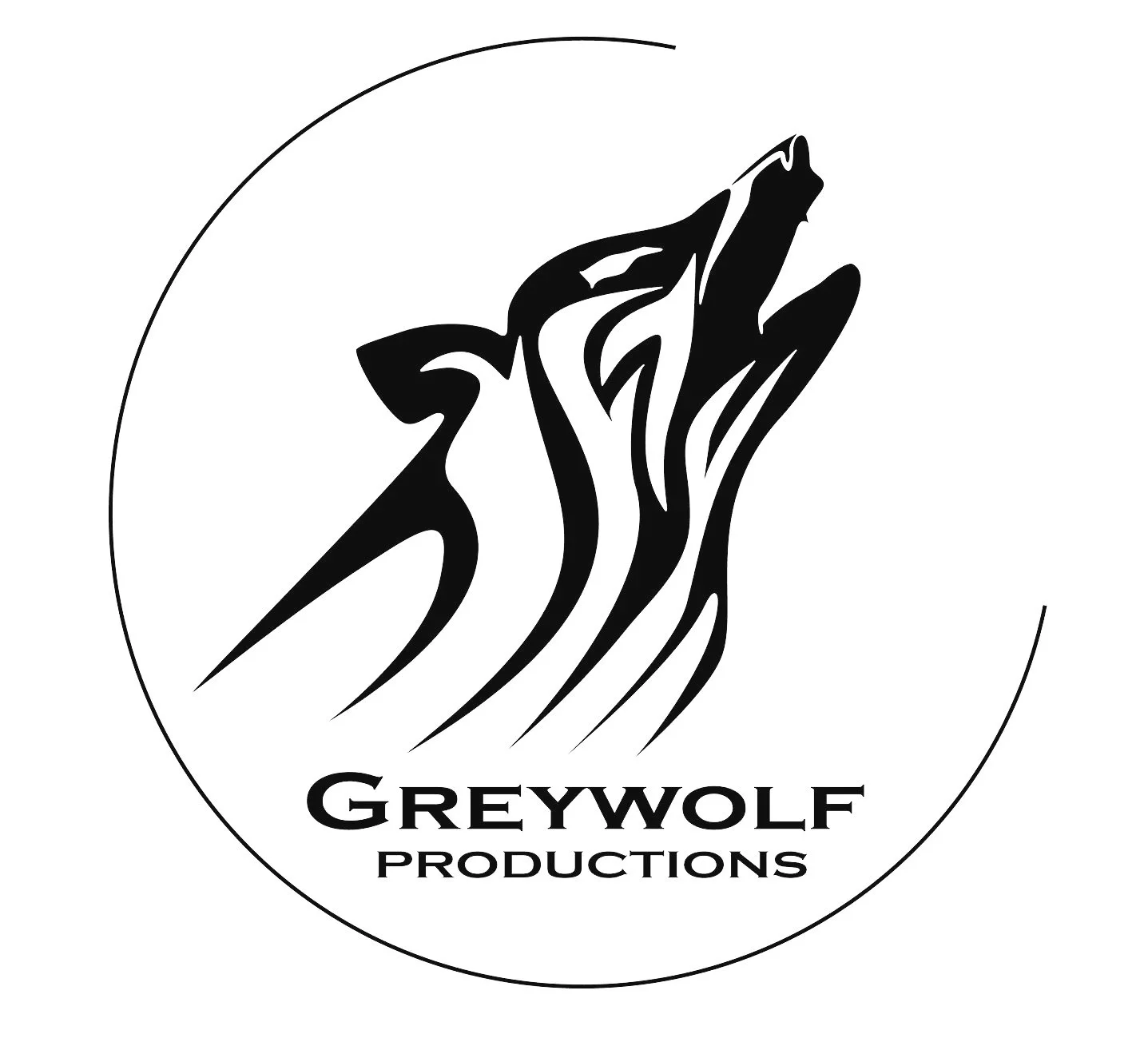 Black and white logo featuring a stylized wolf's head and the text 'Greywolf Productions' underneath, enclosed in a circular border.