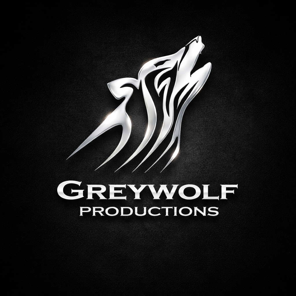 A silver stylized wolf head logo with the text 'Greywolf Productions' underneath, set against a black background.