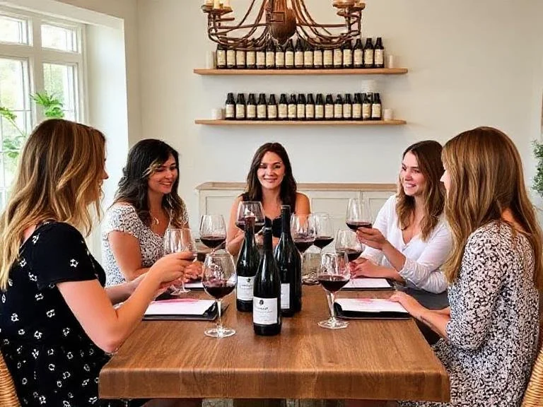 Five women sitting around a dining table with glasses of red wine, bottles of wine, and notebooks, engaged in conversation in a well-lit dining room.
