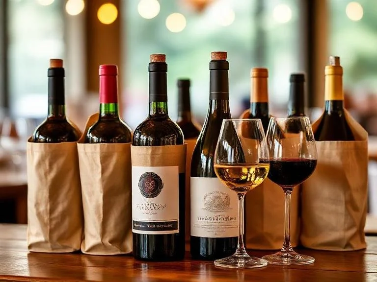 Seven wine bottles with paper bags covering their lower halves and two glasses of wine on a wooden table. The background is blurry with warm lighting.