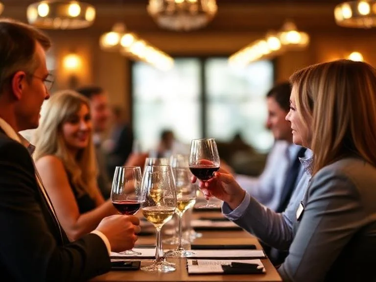 People enjoying wine tasting at a restaurant or wine bar, smiling and raising glasses of red and white wine.