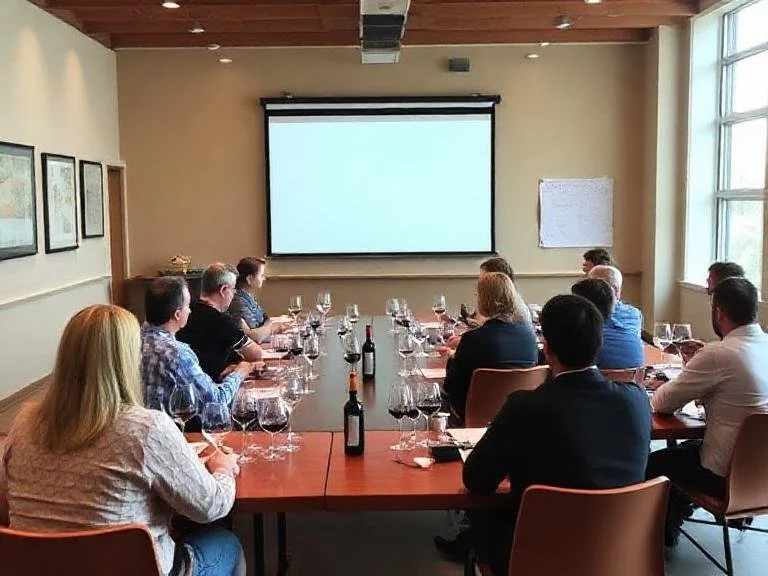 People attending a wine tasting event in a conference room, tasting and evaluating red wines while watching a presentation on a large screen.