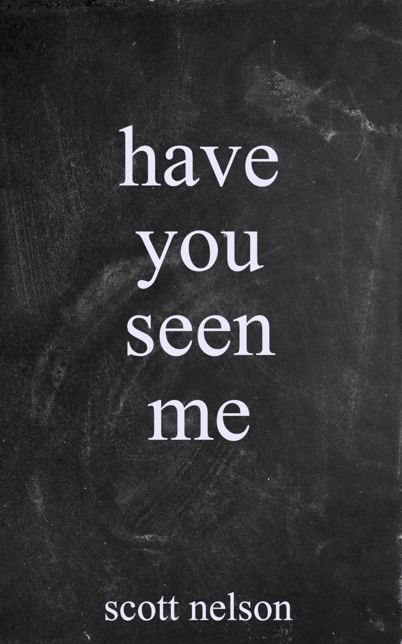 A chalkboard with the phrase "have you seen me" and the author "scott nelson" written at the bottom.