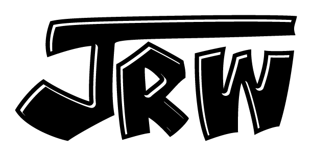 Graphic design text logo with the words "JRN" in stylized black and white lettering