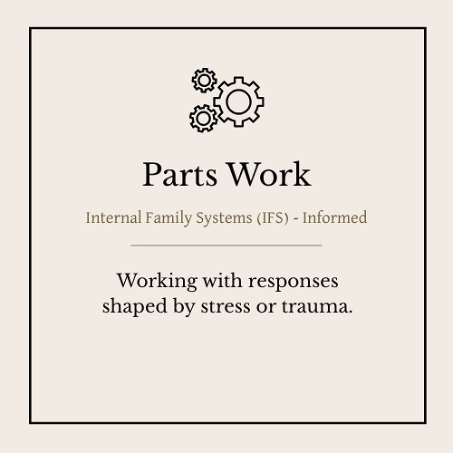 Cover page for parts work training with gears icon, titled 'Parts Work' and subtitle 'Internal Family Systems (IFS) - Informed,' describing working with responses shaped by stress or trauma.