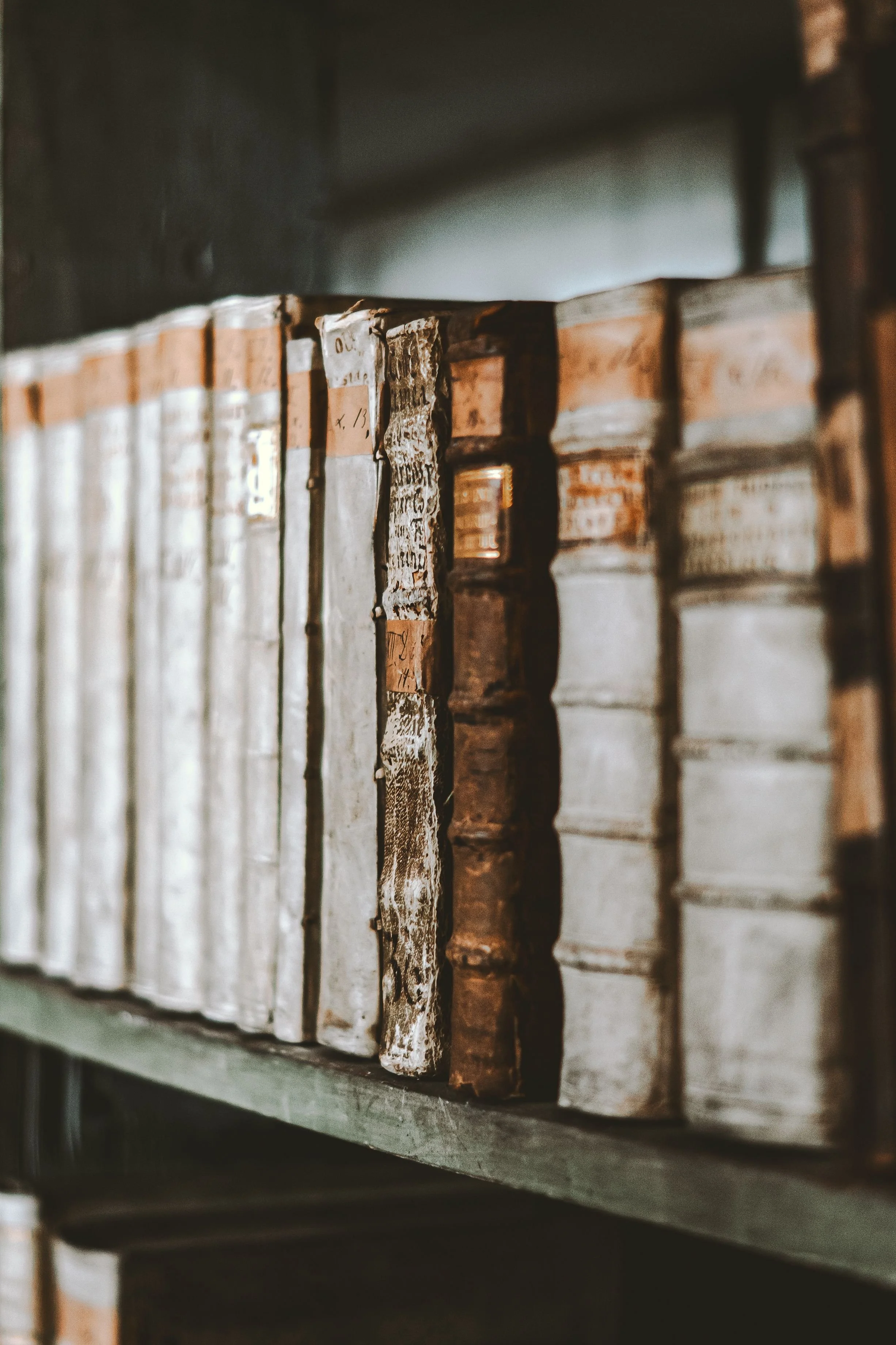 Close-up of old books with worn covers on a shelf