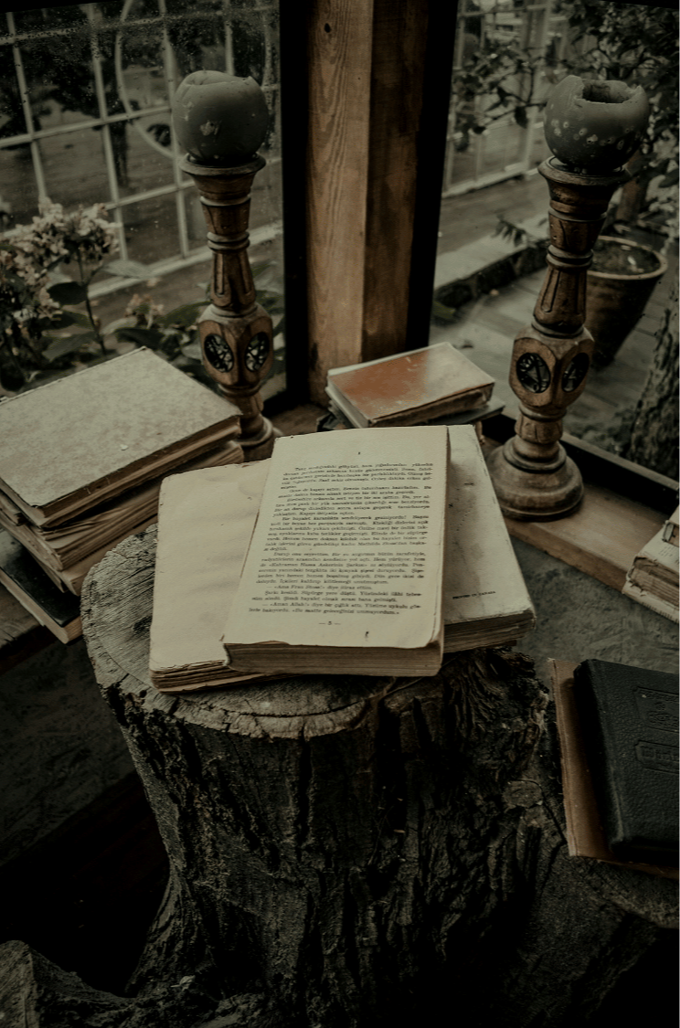 Old books and papers on a cut tree stump with candle holders in a windowed room, overlooking a garden.