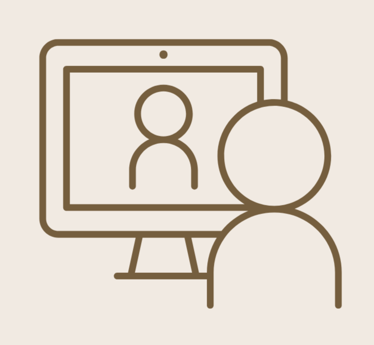 Line drawing of a person participating in a video call on a desktop computer, with a person’s icon displayed on the screen.