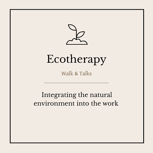 Flyer for an ecotherapy walk and talk event with a minimalist design, featuring a small plant illustration at the top.