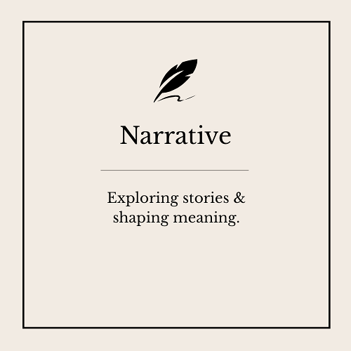 A book cover titled 'Narrative' with a feather graphic and the subtitle 'Exploring stories & shaping meaning.'
