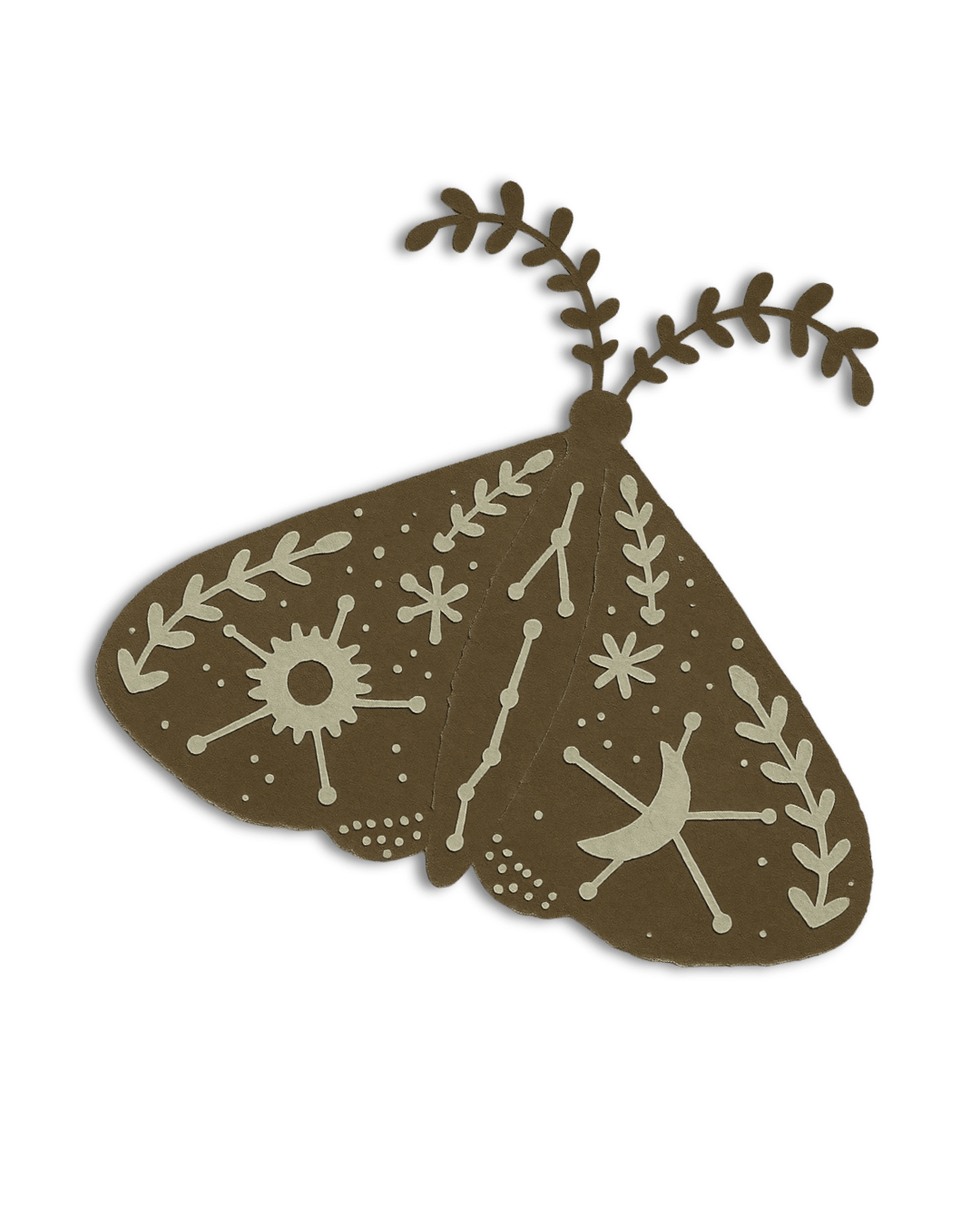 A decorative paper butterfly with white celestial and botanical patterns on brown wings against a black background.