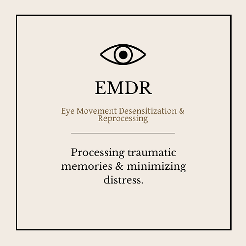 A sign or poster with an eye illustration at the top and text about EMDR therapy, including Eye Movement Desensitization & Reprocessing, processing traumatic memories, and minimizing distress.