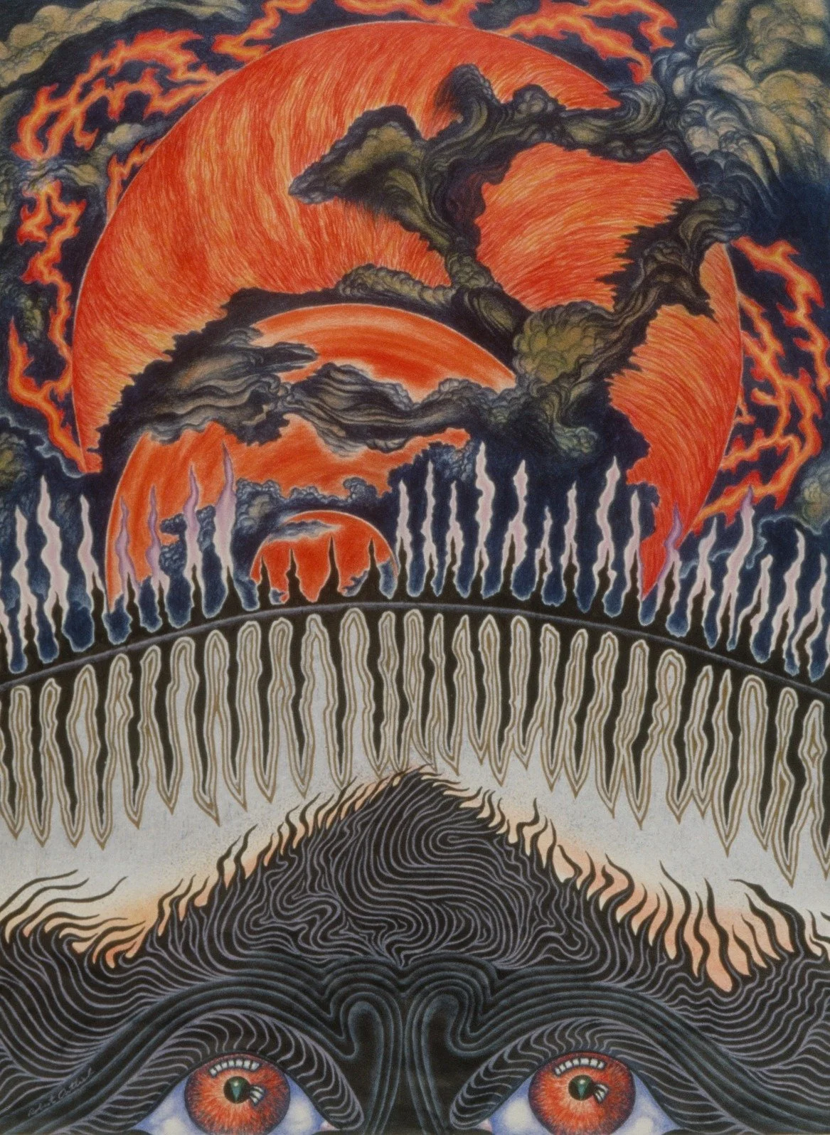 Surreal artwork depicting a fiery red and orange sun, dark swirling clouds, tall candle-like structures, and a mountain with intricate black and white swirling lines. At the bottom, two large eyes with orange irises and black pupils stare outward.