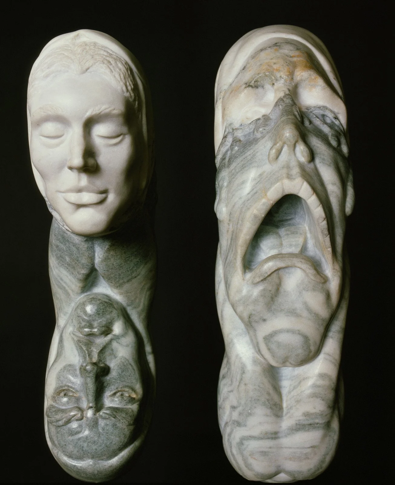 Front and back views of Robert Ortlieb's "Reflections" in Vermont marble.