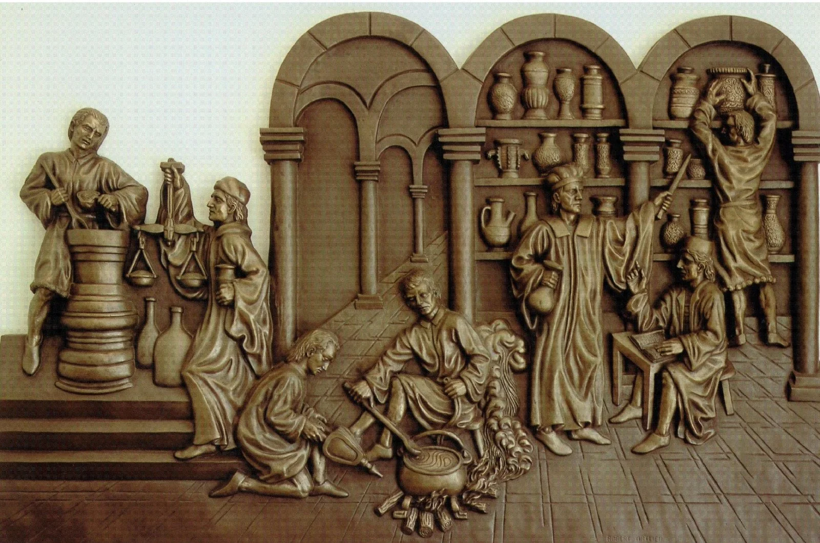 The Apothecaries, a 68-inch bronze sculpture by Robert Ortlieb, exhibited at the USC School of Pharmacy.