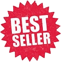 Badge with red background and multicolored border that says 'Best Seller'