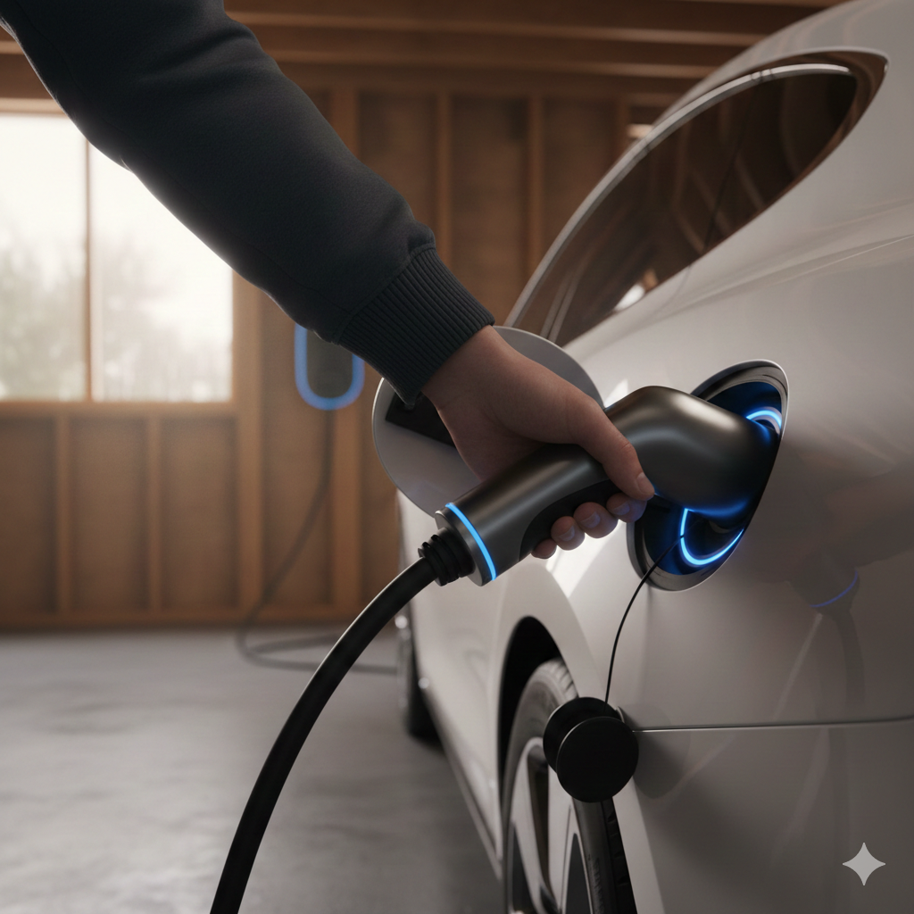 Person plugging an electric vehicle into a charging station inside a garage.