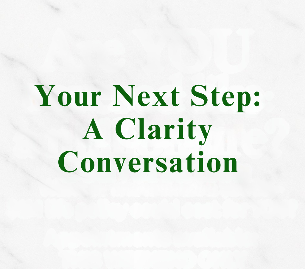 Text on a marble background reading "Your Next Steps: Book A Clarity Session" in large green font