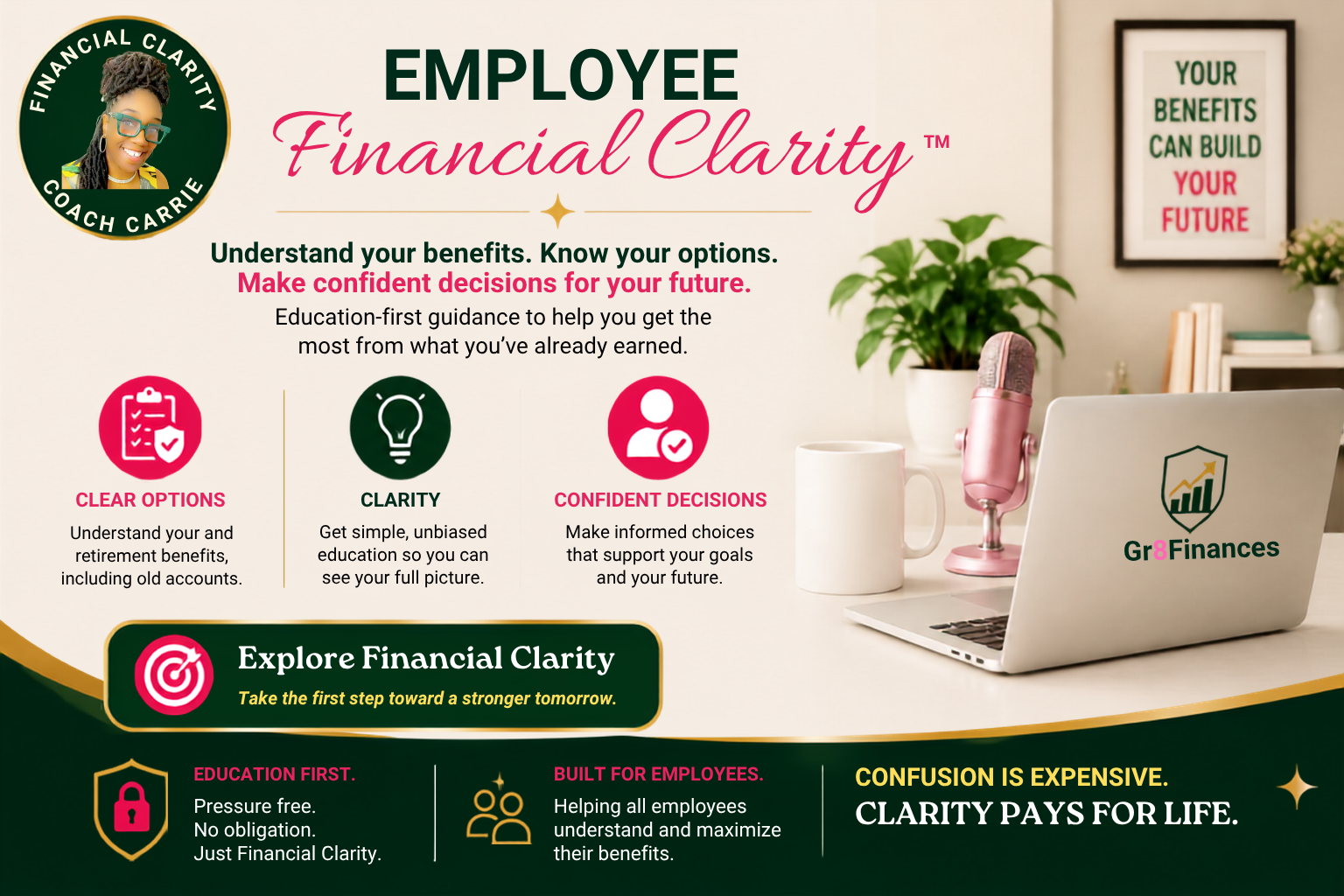 A promotional graphic advertising employee financial clarity. It features a headshot of Coach Carrie with text about understanding benefits, making confident decisions, and exploring financial clarity. The image includes icons for clear options, clarity, and confident decisions, along with a laptop on a desk, a plant, and framed inspirational quote on the wall saying, 'Your benefits can build your future.' The design emphasizes education and employee benefits guidance.