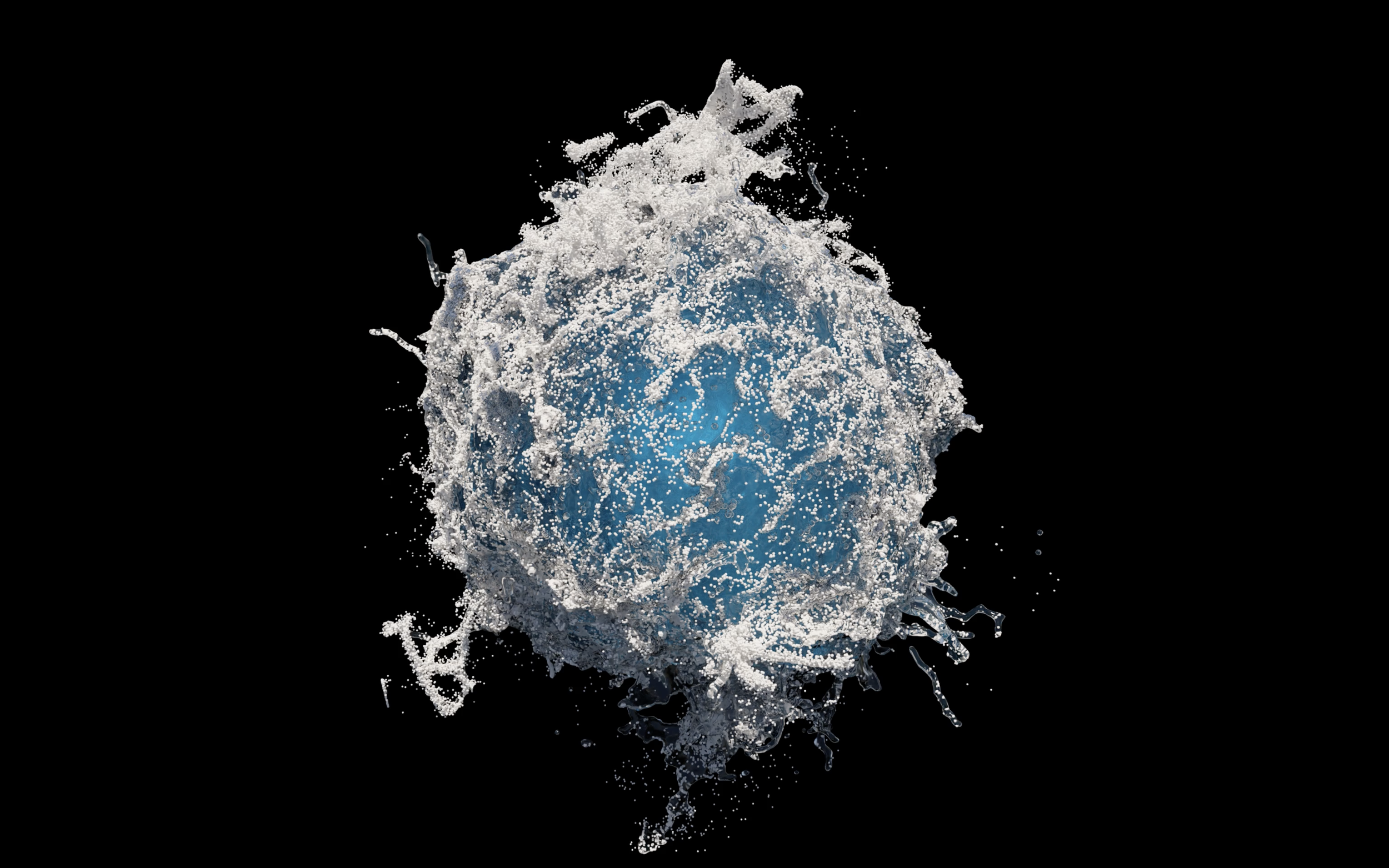 A digital rendering of a cell or microorganism with white and blue colors, surrounded by dynamic splashes and particles, set against a black background.
