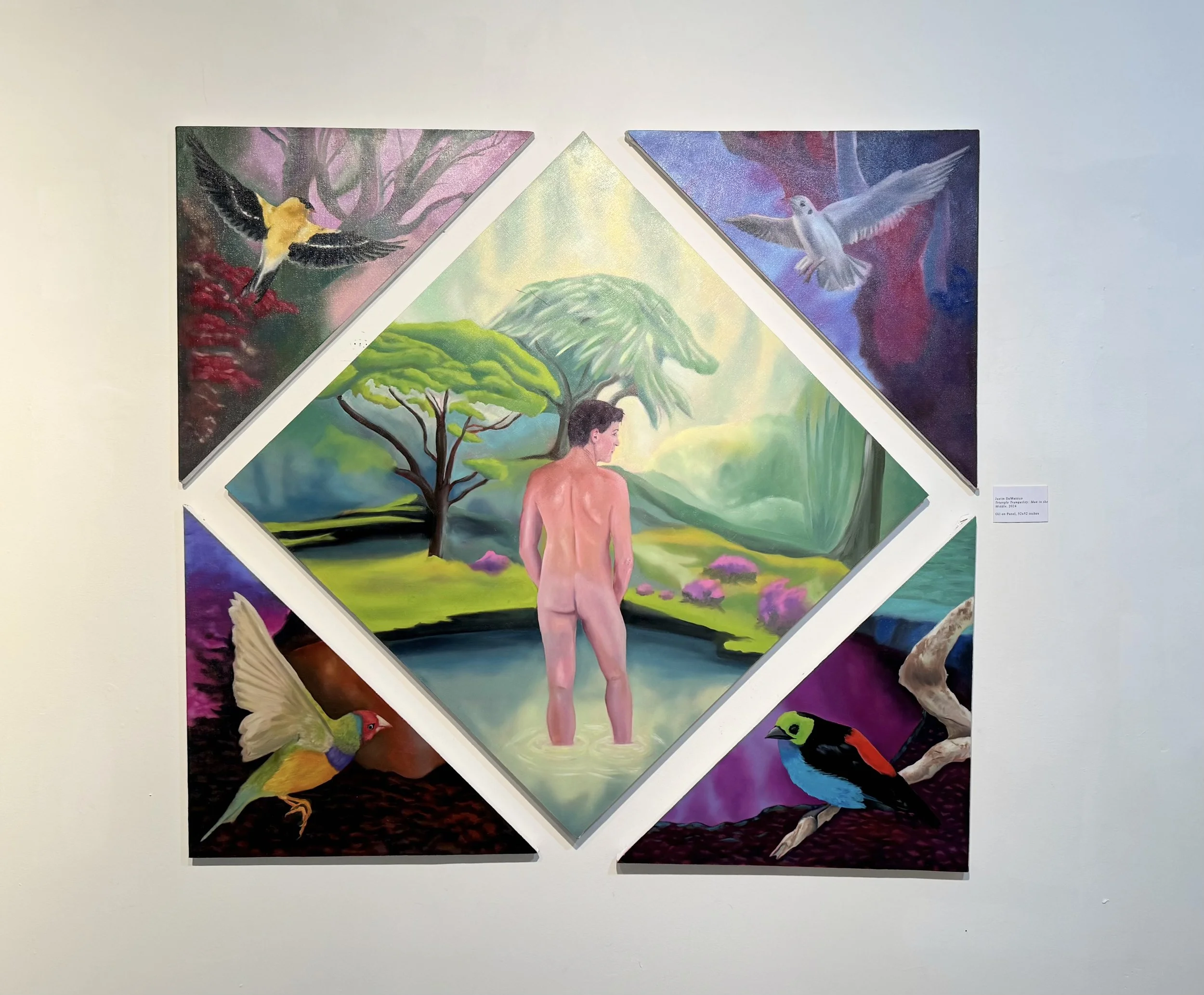 "Triangle Tranquility: Man in the Middle", Oil on Canvas Panel, 52"x52", 2024