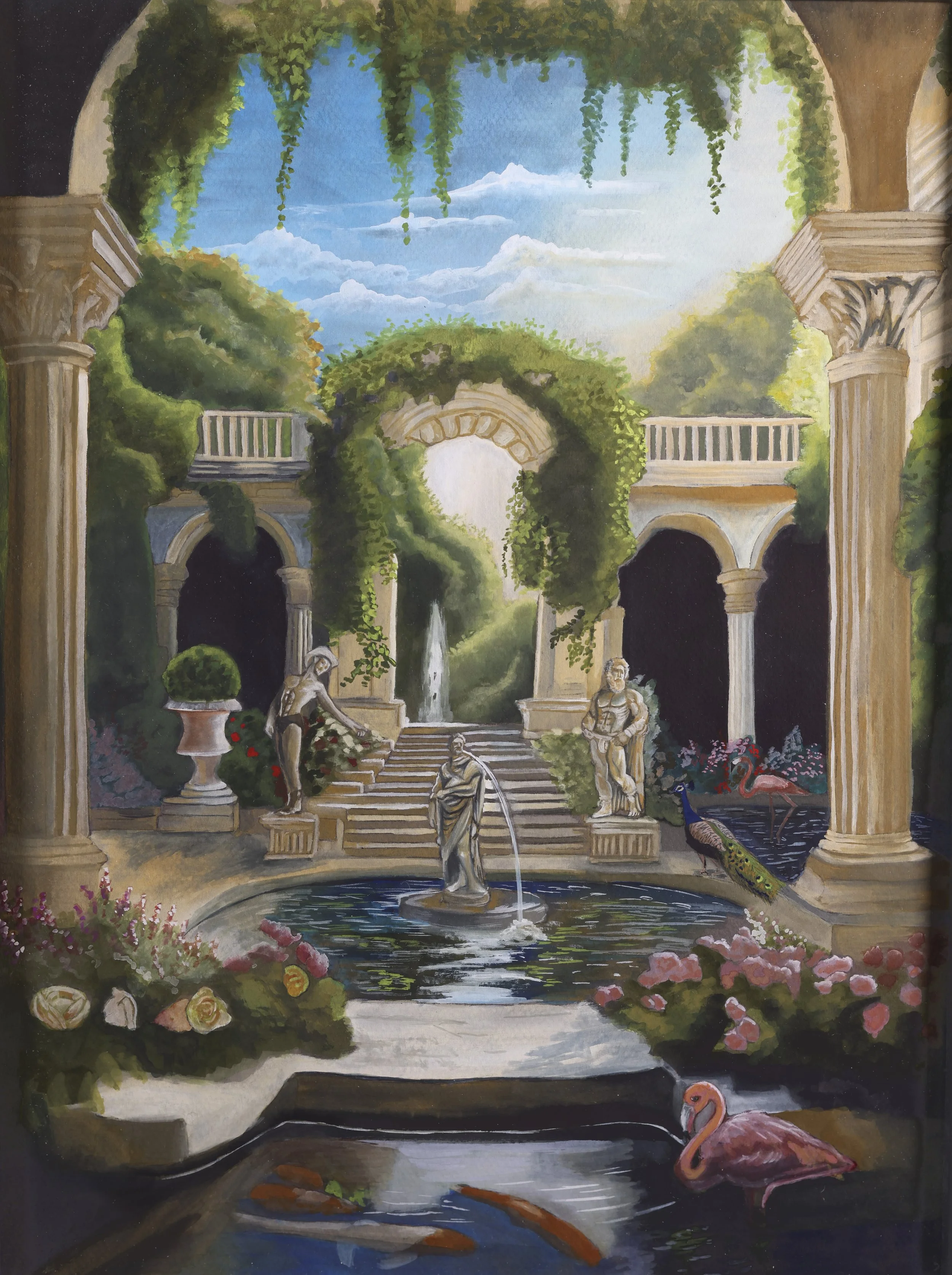 **SOLD** "Romantic Courtyard", 12 x 16", Watercolor and Gouache on Paper, 2025