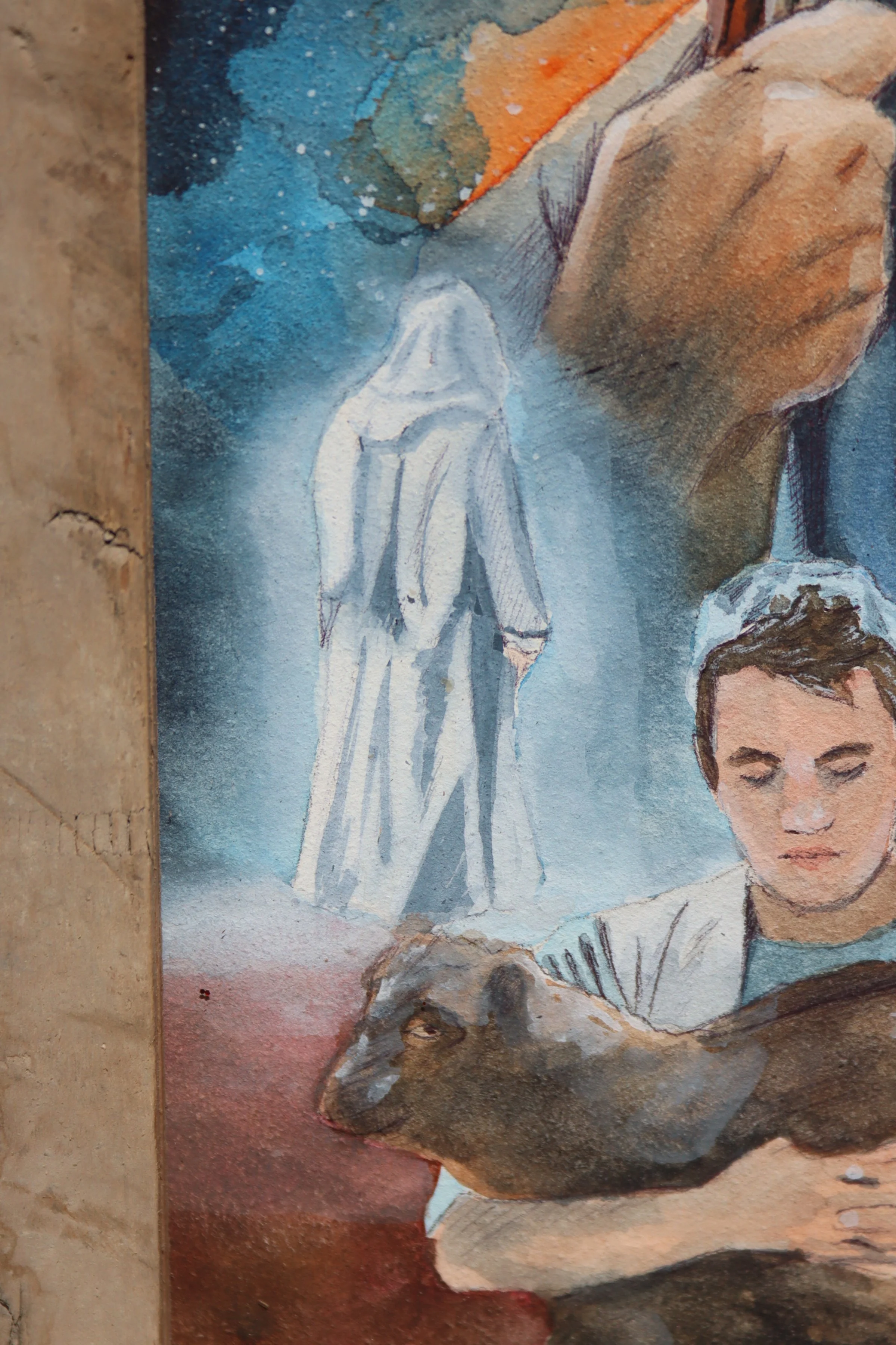 "His Only Son", Detail Shot, 8"x10", Mixed Media on Panel, 2023 