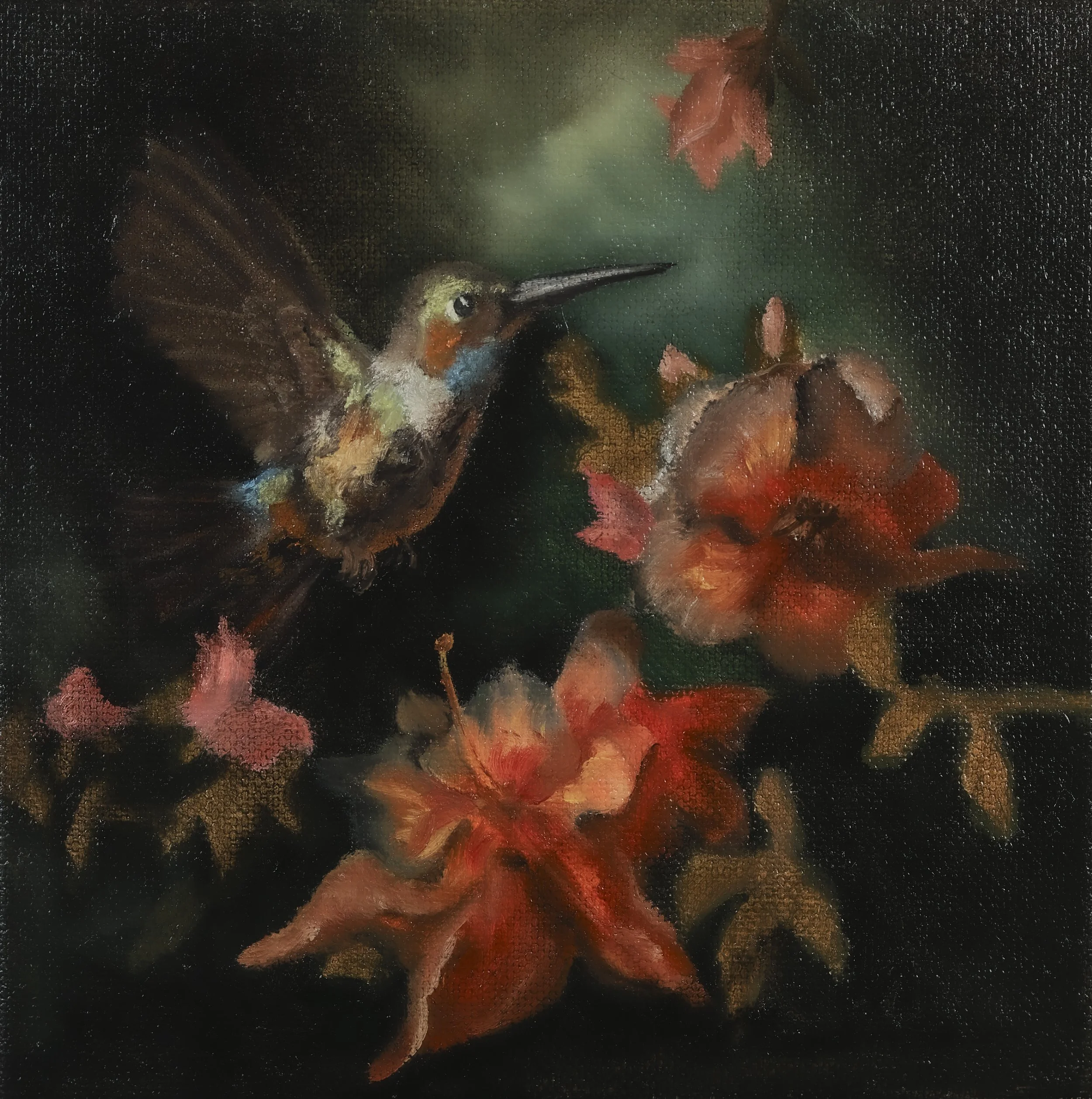 "Hummingbird in the Forest", 6" x 6", Oil on Canvas, 2025