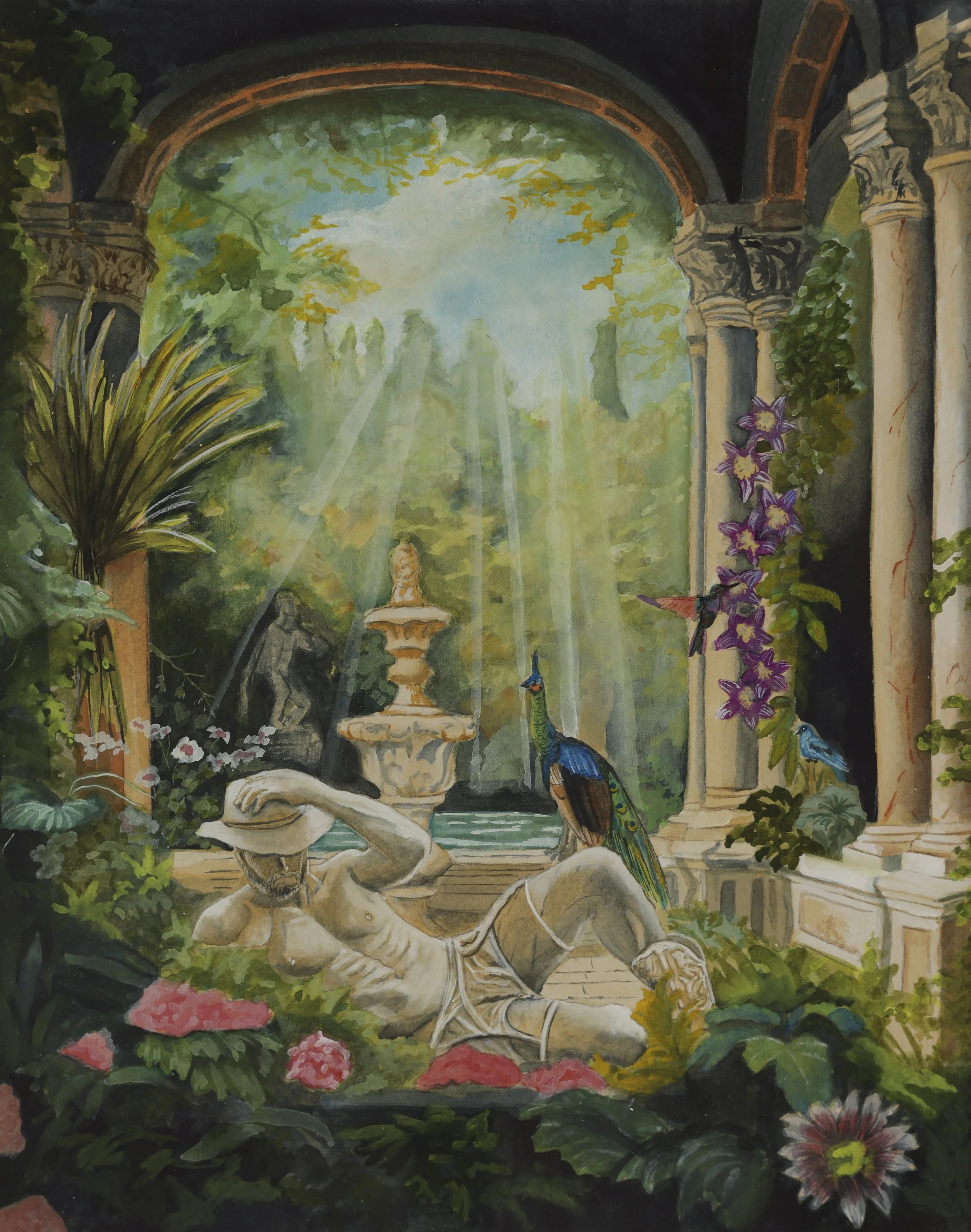 **SOLD**  "Temple Gardens", 8" x 10", Watercolor and Gouache on Paper, 2025